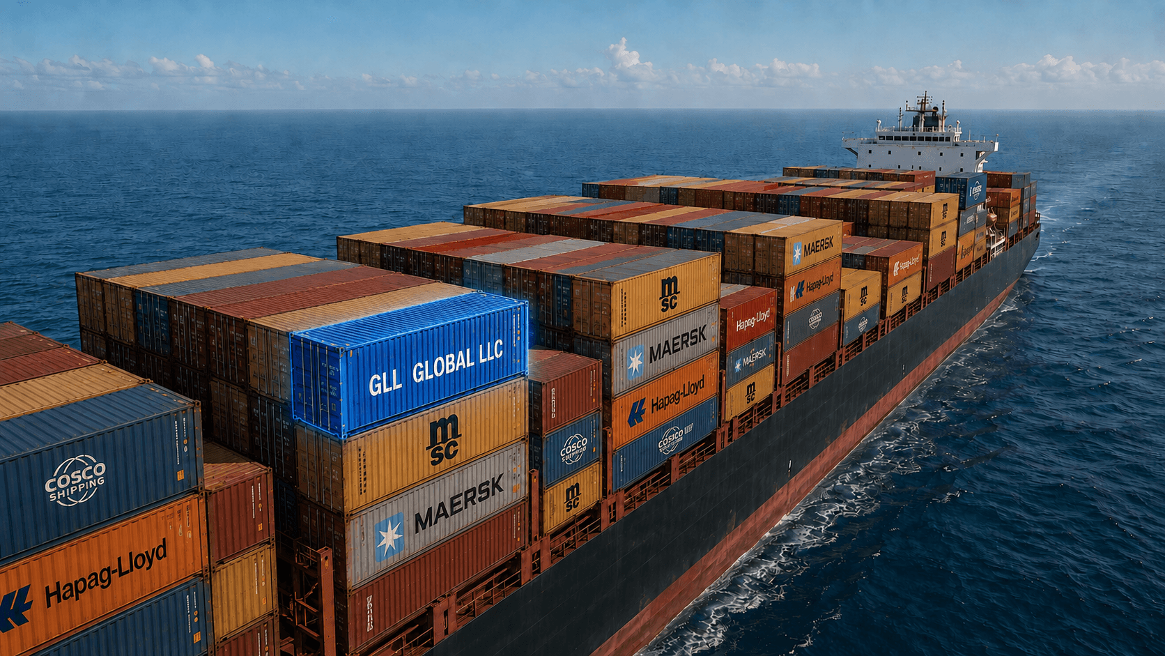 A GLL Global, LLC container stowed on deck aboard a container ship under way at sea